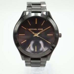 Michael Kors Slim Runway Watch 42mm Black Gold Tone 5.5" Bracelet w New Battery